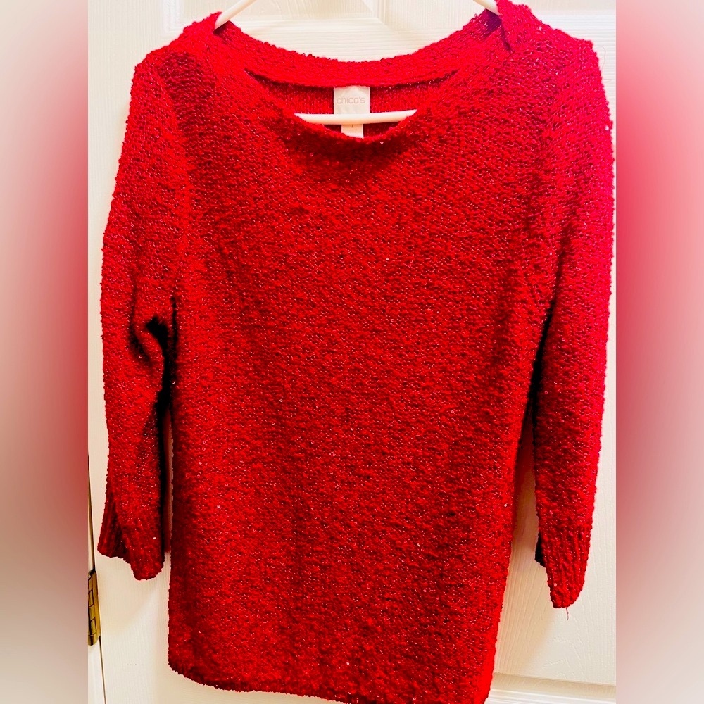 Chico’s Boatneck Red Sequin Sweater Sz 1 (Med) Perfect for Valentine’s Day!